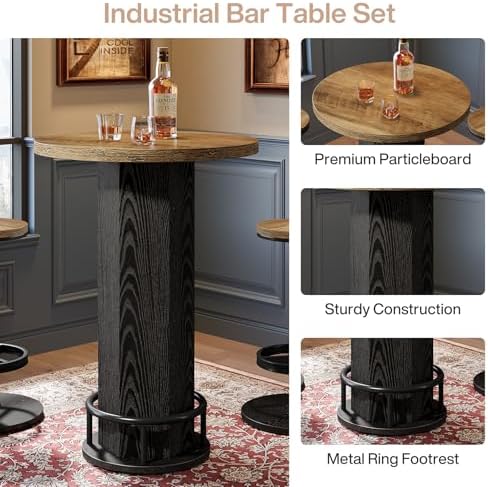 Round Bar Table with Chairs Set of 2, Industrial Bistro Sets with 2 barstools, Pub Cocktail Table with Metal, alternate view