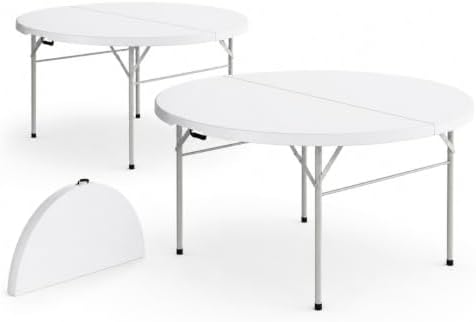 Round Bi-Fold Folding Table, 60 Inch, Granite White, Plastic Top with Alloy Steel Frame, for Banquets, Catering