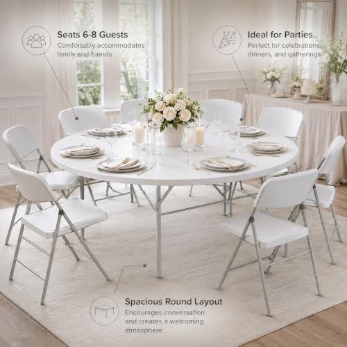 Round Bi-Fold Folding Table, 60 Inch, Granite White, Plastic Top with Alloy Steel Frame, for Banquets, Catering, alternate