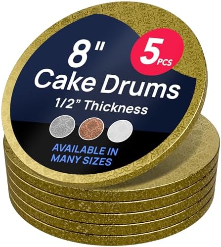 Round Cake Drum Board, Gold Foil, 8 Inch, 1/2" Thick, 5 Pack in Gold