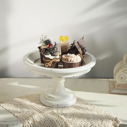 Round Cake Stand 7" Inner, Rustic White Wood Pedestal Tray in White, alternate view 2