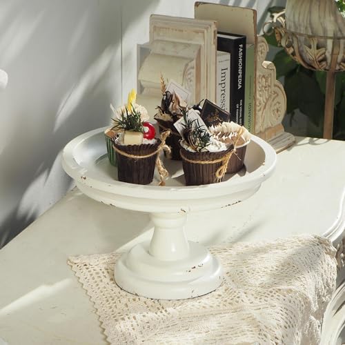 Round Cake Stand 7" Inner, Rustic White Wood Pedestal Tray in White, alternate view 4
