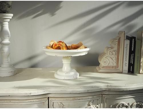 Round Cake Stand 7" Inner, Rustic White Wood Pedestal Tray in White, alternate view 5