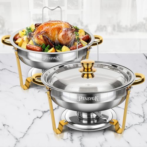 Round Chafing Dishes Buffet 2 Pack 5QT Gold Stainless Steel Lid