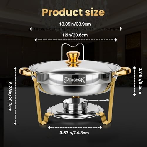 Round Chafing Dishes Buffet 2 Pack 5QT Gold Stainless Steel Lid, alternate view 2