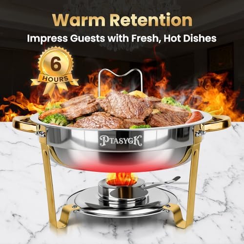 Round Chafing Dishes Buffet 2 Pack 5QT Gold Stainless Steel Lid, alternate view 3