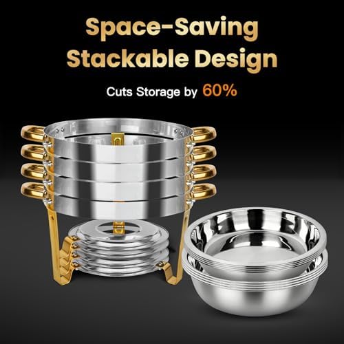 Round Chafing Dishes Buffet 2 Pack 5QT Gold Stainless Steel Lid, alternate view 5