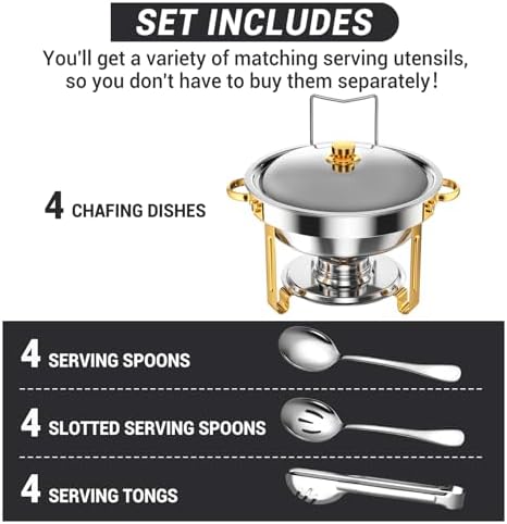 Round Chafing Dishes for Buffet 5 Qt Food Warmers 4 Pack (Half Gold), alternate view 3