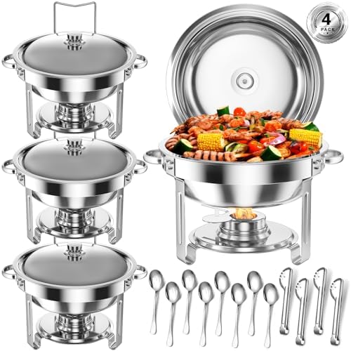 Round Chafing Dishes for Buffet 5 Qt Food Warmers 4 Pack (Silver) in Silver