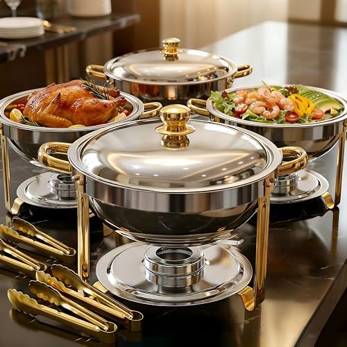 Round Chafing Dishes for Buffet with Serving Tongs, 7QT Chafing Dishes Buffet Set, Golden Stainless Steel