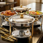 Round Chafing Dishes for Buffet with Serving Tongs, 7QT Chafing Dishes Buffet Set, Golden Stainless Steel