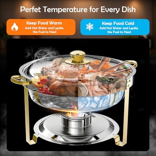 Round Chafing Dishes for Buffet with Serving Tongs, 7QT Chafing Dishes Buffet Set, Golden Stainless Steel, alternate view 2