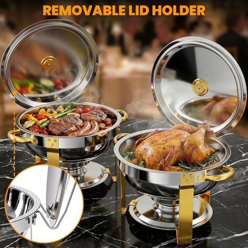 Round Chafing Dishes for Buffet with Serving Tongs, 7QT Chafing Dishes Buffet Set, Golden Stainless Steel, alternate view 4
