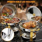 Round Chafing Dishes for Buffet with Serving Tongs, 7QT Chafing Dishes Buffet Set, Golden Stainless Steel, alternate view 4