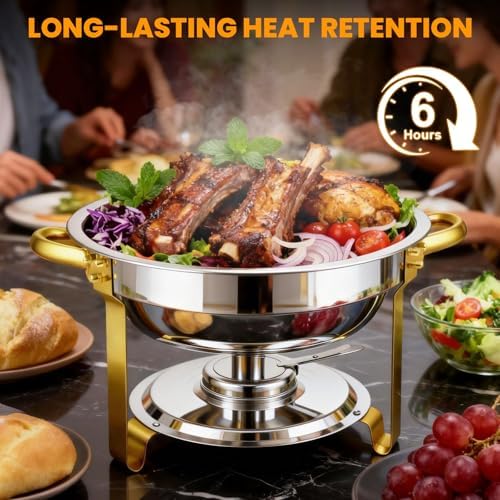 Round Chafing Dishes for Buffet with Serving Tongs, 7QT Chafing Dishes Buffet Set, Golden Stainless Steel, alternate view 6