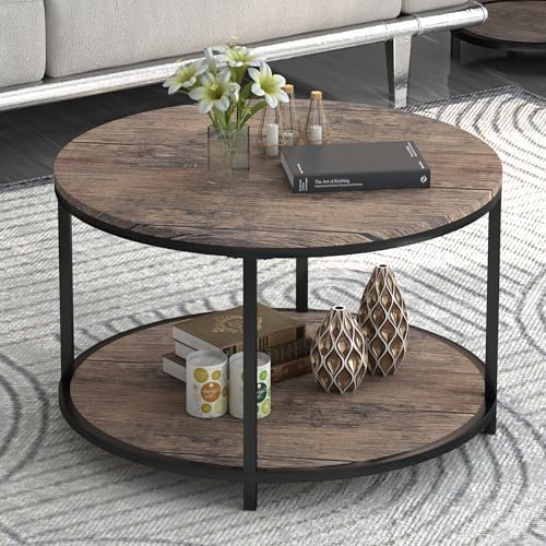 Round Coffee Table, 25.6" Small Coffee Table for Living Room,2-Tier Rustic Wood Desktop with Storage Shelf