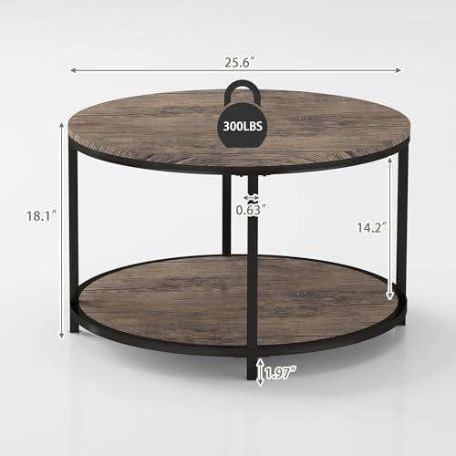 Round Coffee Table, 25.6" Small Coffee Table for Living Room,2-Tier Rustic Wood Desktop with Storage Shelf, alternate view 2