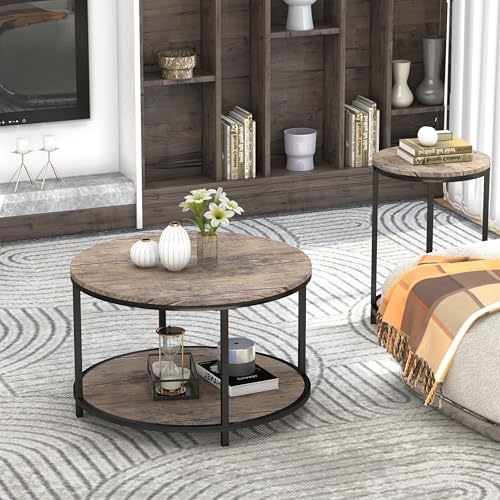 Round Coffee Table, 25.6" Small Coffee Table for Living Room,2-Tier Rustic Wood Desktop with Storage Shelf, alternate view 3