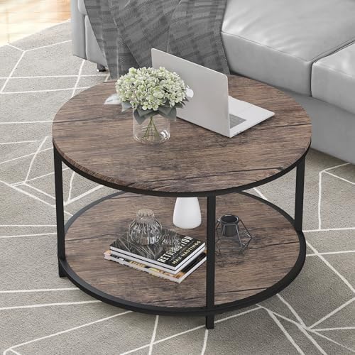 Round Coffee Table, 25.6" Small Coffee Table for Living Room,2-Tier Rustic Wood Desktop with Storage Shelf, alternate view 4