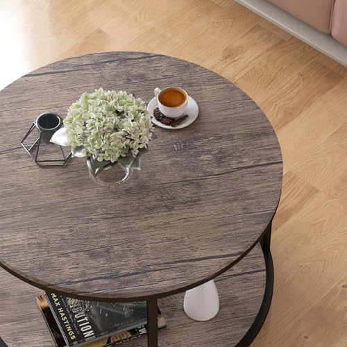 Round Coffee Table, 25.6" Small Coffee Table for Living Room,2-Tier Rustic Wood Desktop with Storage Shelf, alternate view 5