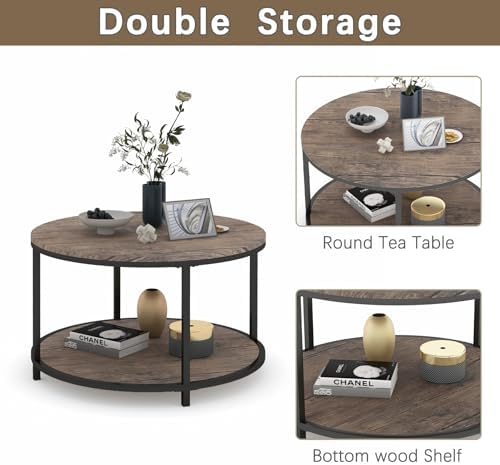 Round Coffee Table, 25.6" Small Coffee Table for Living Room,2-Tier Rustic Wood Desktop with Storage Shelf, alternate view 7