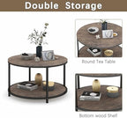 Round Coffee Table, 25.6" Small Coffee Table for Living Room,2-Tier Rustic Wood Desktop with Storage Shelf, alternate view 7