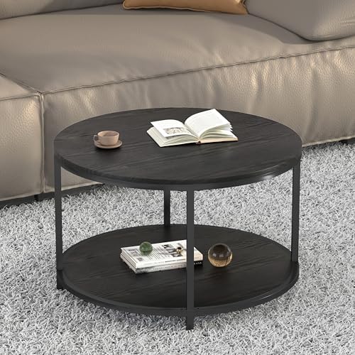 Round Coffee Table, 25.6" Small Coffee Table for Living Room,2-Tier Rustic Wood Desktop with Storage Shelf