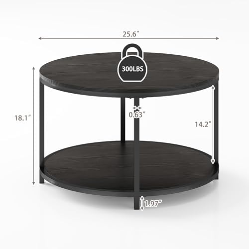 Round Coffee Table, 25.6" Small Coffee Table for Living Room,2-Tier Rustic Wood Desktop with Storage Shelf, alternate view 2
