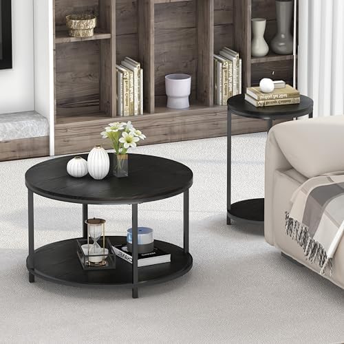 Round Coffee Table, 25.6" Small Coffee Table for Living Room,2-Tier Rustic Wood Desktop with Storage Shelf, alternate view 3