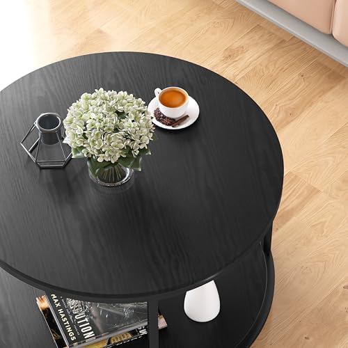Round Coffee Table, 25.6" Small Coffee Table for Living Room,2-Tier Rustic Wood Desktop with Storage Shelf, alternate view 4