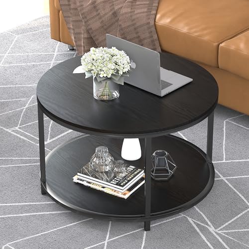 Round Coffee Table, 25.6" Small Coffee Table for Living Room,2-Tier Rustic Wood Desktop with Storage Shelf, alternate view 5