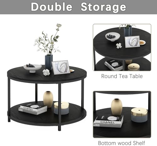 Round Coffee Table, 25.6" Small Coffee Table for Living Room,2-Tier Rustic Wood Desktop with Storage Shelf, alternate view 7