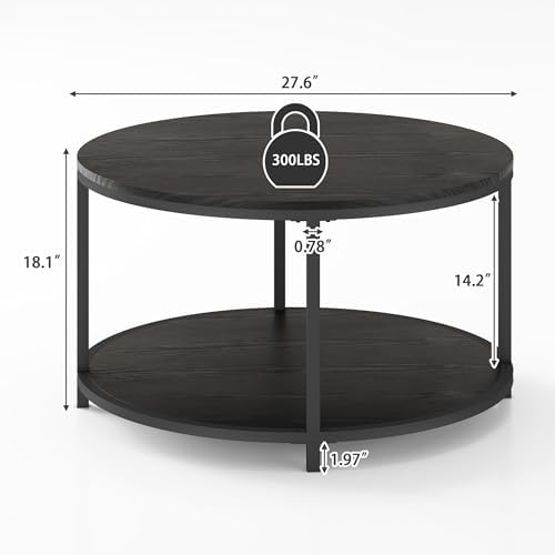 Round Coffee Table, 27.6" Small Coffee Table for Living Room,2-Tier Rustic Wood Desktop with Storage Shelf, alternate view 2