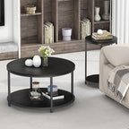 Round Coffee Table, 27.6" Small Coffee Table for Living Room,2-Tier Rustic Wood Desktop with Storage Shelf, alternate view 3