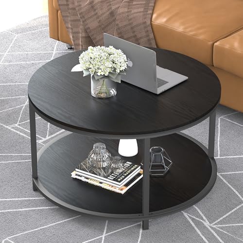 Round Coffee Table, 27.6" Small Coffee Table for Living Room,2-Tier Rustic Wood Desktop with Storage Shelf, alternate view 5