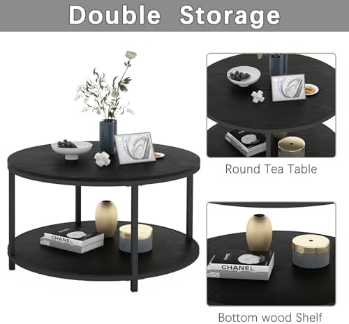 Round Coffee Table, 27.6" Small Coffee Table for Living Room,2-Tier Rustic Wood Desktop with Storage Shelf, alternate view 7