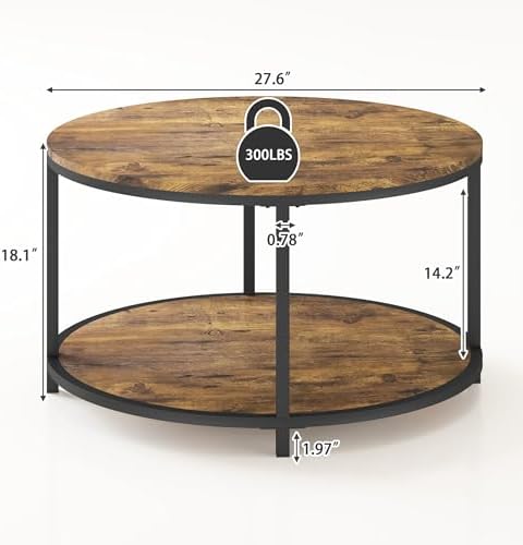 Round Coffee Table, 27.6" Small Coffee Table for Living Room,2-Tier Rustic Wood Desktop with Storage Shelf, alternate view 2