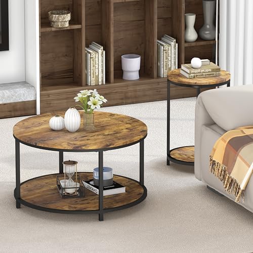 Round Coffee Table, 27.6" Small Coffee Table for Living Room,2-Tier Rustic Wood Desktop with Storage Shelf, alternate view 3