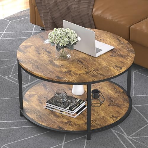 Round Coffee Table, 27.6" Small Coffee Table for Living Room,2-Tier Rustic Wood Desktop with Storage Shelf, alternate view 5