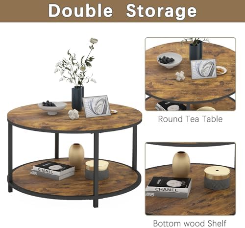 Round Coffee Table, 27.6" Small Coffee Table for Living Room,2-Tier Rustic Wood Desktop with Storage Shelf, alternate view 7