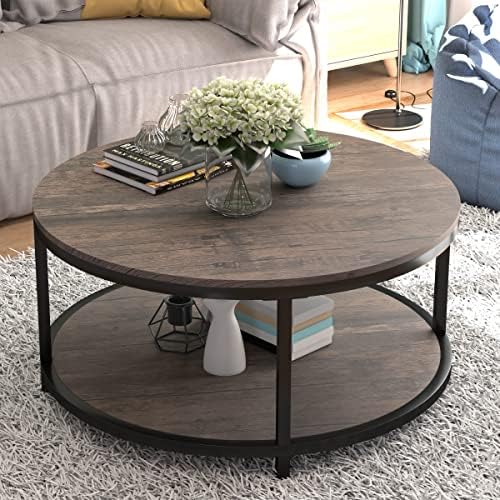 Round Coffee Table,36" Coffee Table for Living Room,2-Tier Rustic Wood Desktop with Storage Shelf Modern Design