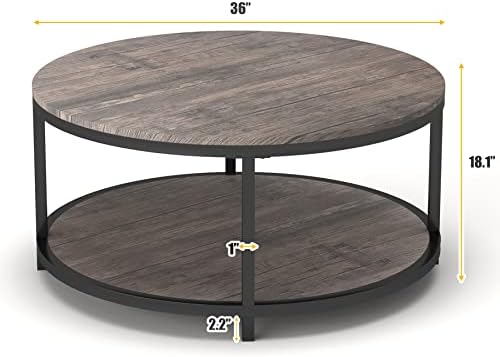 Round Coffee Table,36" Coffee Table for Living Room,2-Tier Rustic Wood Desktop with Storage Shelf Modern Design, alternate
