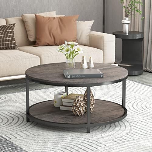 Round Coffee Table,36" Coffee Table for Living Room,2-Tier Rustic Wood Desktop with Storage Shelf Modern Design, alternate