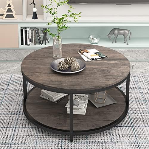 Round Coffee Table,36" Coffee Table for Living Room,2-Tier Rustic Wood Desktop with Storage Shelf Modern Design, alternate