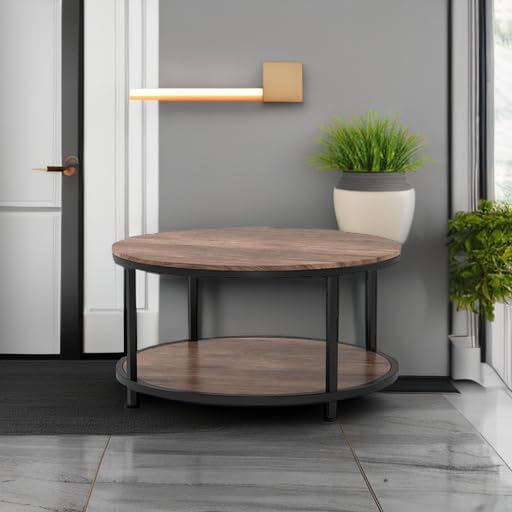 Round Coffee Table,36" Coffee Table for Living Room,2-Tier Rustic Wood Desktop with Storage Shelf Modern Design, alternate