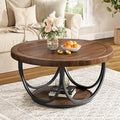 Round Coffee Table with 2 Tiers, 31.5" Wooden Circle Accent Cocktail Table with Storage Shelf and Metal Frame