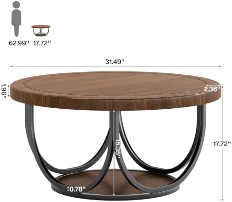 Round Coffee Table with 2 Tiers, 31.5" Wooden Circle Accent Cocktail Table with Storage Shelf and Metal Frame, alternate view