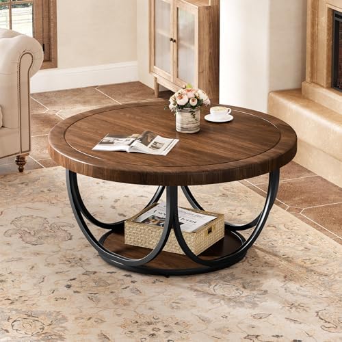 Round Coffee Table with 2 Tiers, 31.5" Wooden Circle Accent Cocktail Table with Storage Shelf and Metal Frame, alternate view