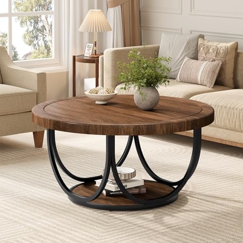 Round Coffee Table with 2 Tiers, 31.5" Wooden Circle Accent Cocktail Table with Storage Shelf and Metal Frame, alternate view