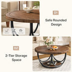 Round Coffee Table with 2 Tiers, 31.5" Wooden Circle Accent Cocktail Table with Storage Shelf and Metal Frame, alternate view